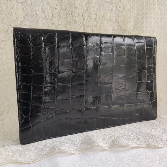 Black Alligator Skin Embossed Large Clutch Purse Vintage Abercrombie and Fitch - Picture 4 of 7